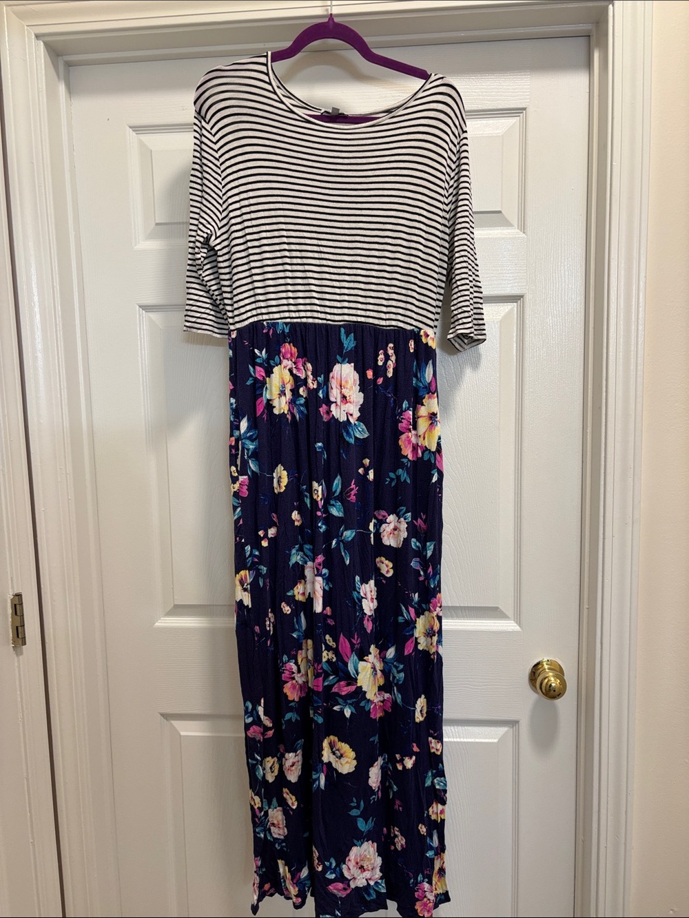 White Birch Navy Floral & Striped  Maxi Dress